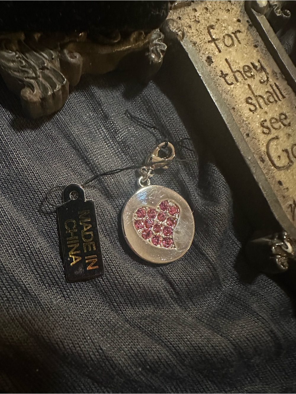 Mary Kay Silver-Tone Round Charm with Pink Crystal Heart